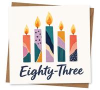 83rd Birthday Card, Patchwork Candles, Eighty-Three | Patchwork-style colourful candles and bold “Eighty-Three” script on the front-bright, contemporary card for an 83rd birthday.