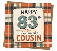 83rd Birthday Card, Plaid Tartan, Big 83, Cousin | Bold tartan plaid design featuring big “83” lettering and the message “Happy 83rd birthday to an amazing cousin”.