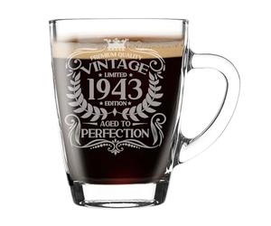 83rd Birthday Gift for Men Vintage 1943 Aged to Perfection Engraved Glass Mug Gift for Coffee Lovers Tea Cup Present for 83 Year Old 300ml Coffee Mug Funny Novelty Mug Gift For Men or Women