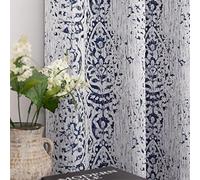 84 Inch Length Navy Blue Pattern Curtains for Living Room 2 Panel Set Grommet Damask Medallion Print Textured Grey Cream White Jacquard 50% Blackout Darkening Window Curtain Drapes for Bedroom