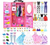 84 Pack Doll Clothes and Accessories with Doll Closet for 11.5 Inch Doll Fashion Design Kit Girl Including Wedding Dress Fashion Dress Outfits Tops and Pants Shoes Hangers Bags Necklaces