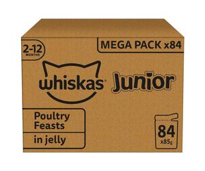 84 x 85g Whiskas 2-12mos Junior Kitten Wet Cat Food Poultry Selection in Jelly