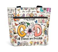 84hoods 15 inch Large Tote Bag for Work for Women. Christian Faith, Jesus God Religious Gift. Waterproof Shoulder Bag., 01. All Things Are Possible With God, L