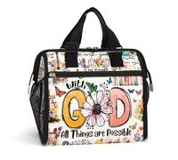 84hoods Insulated Lunch Bag for Women. Large Lunch Box for Work Office Travel Picnic with Adjustable Strap. God Jesus Christian Faith Religious Gift. All Things are Possible.