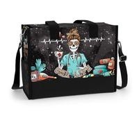 84hoods Large Waterproof Tote Bag with Pockets and Zipper for Travel, Work, Grocery. Gift for CNA., Cute Skeleton, L