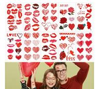 84pcs/10 Sheets Valentine's Day Tattoo Stickers, Sexy Red Lip Kiss Heart Rose Cupid Valentines Day Theme Temporary Tattoo Stickers for Adult Face Body Party Decoration