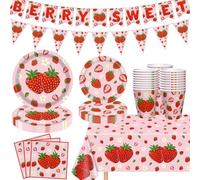84PCS Strawberry Party Supplies Strawberry Theme Birthday Tableware Set Berry Sweet Birthday Party Decorations Fruit Theme Party Supply for 1st Baby Shower Serves 20 Guests