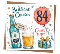 84th Birthday Card, Brilliant Cousin, Beer, Pint & Balloon