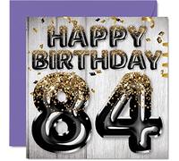 84th Birthday Card for Men, Black & Gold Glitter Balloons