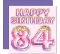 84th Birthday Card for Women - Pink & Purple Glitter Balloons - Happy Birthday Cards for 84 Year Old Woman Mum Great Nanny Grandma Gran, 145mm Greeting Cards Gift