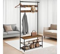 (84x32.2x180cm, Rustic Brown, Black) Coat Rack with Shoe Storage, Hall Tree, Coat Stand with Shoe Bench, 9 Movable Hooks, Top Bar