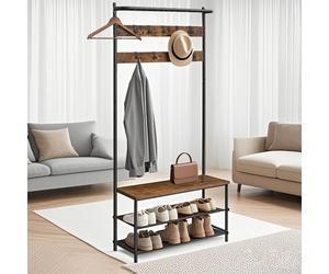 (84x32.2x180cm, Rustic Brown, Black) Coat Rack with Shoe Storage, Hall Tree, Coat Stand with Shoe Bench, 9 Movable Hooks, Top Bar
