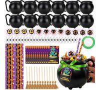 85 Pcs Halloween Cauldron Mugs Set 12 Pcs 15 oz Plastic Black Cauldron Pot Cups 12 Paper Straws Tags Fake Eyes Straw Broom 24 Fake Spider 1 Ribbon for Drinks Halloween Trick or Treat Candy Gifts