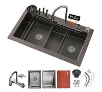 85 X 46 Cm Stainless Steel Kitchen Sink With Waterfall, 3-in-1 Extendable Tap, Ideal For Home & Workplace, Includes Glass Washer & Drain Baskets Black-grey C 75x46cm