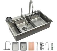 85 x 50 cm Waterfall Workstation Kitchen Sink, Brushed 304 Stainless Steel Single Bowl Inset Sink with Digital Display, Multi-Function Sink Set, Micro-Textured Interior, Chopping Board & Drain Kit