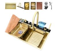 85 x 50 cm Workstation Kitchen Sink with Waterfall Faucet, 304 Stainless Steel Single Bowl Kitchen Sink, Cup Rinser, Soap Dispenser, Drain Basket & Complete Installation Kit(Gold-3,68x45cm)