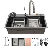 85 x 50 cm Workstation Kitchen Sink with Waterfall Faucet, 304 Stainless Steel Single Bowl Kitchen Sink, Cup Rinser, Soap Dispenser, Drain Basket & Complete Installation Kit(BlackGray-1,68x45cm)