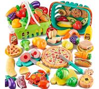 85Pc Pretend Play Food Sets for Kids Kitchen, Cutting toy food with 2 Baskets, Play Kitchen Accessories for Toddlers, Fake Food with Pizza Veggies Fruits, Kids Kitchen Toys, Boys Girls Gift.