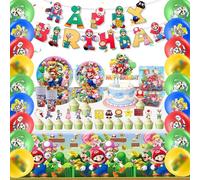 85PCS Birthday Decorations, Super Brother Party Supplies for 10 Guests, Theme Kids Party Tableware Set Party Plates Cups and Napkins Tablecloth, Happy Birthday Banner, Cake Toppers, Birthday Balloons