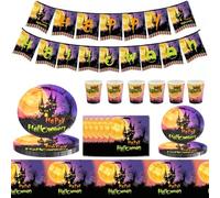 85Pcs Halloween Party Tableware Set 16 Guests,Halloween Disposable Dinnerware Set Tableware Decor, Banner,Plastic Tablecloth,Napkins,Paper Plates and Cups for HalloweenParty Supplies Tableware Decor