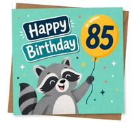85th Birthday Card, 85th Birthday Card for Him or Her - Cute Raccoon Balloon Design with Happy Message