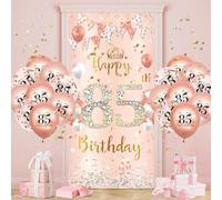 85th Birthday Decoration Women, Rose Gold 85 Banner with Balloons, 85th Birthday Decoration for 85 Years Women 85th Happy Birthday Background Door Banner 85th Balloon Anniversary Birthday Party