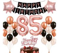 85th Birthday Decorations Set Rose Gold Black Theme Happy Birthday Banner Balloon Decor Photo Backdrop for Women Men Adults Turning 85 Age 85 Milestone Age Party Supplies Celebration Decor Bunting Set