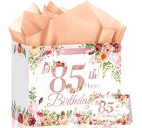 85th Birthday Gift Bag Flower Rose Gold 85th Birthday Gift Wrapping Paper Bag for Women Her Cheers to Eighty-five Years Old Party Favors Supplies