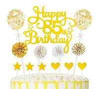 85th Cake Decorations Happy Birthday Cake Picks Heart Star Paper-fans Balloon Decor Cupcake Topper for 85th Decorations Party Supplies, Gold