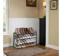 (85x28x52.9cm) Shoe Rack, 2-Tier Shoe Organizer, Metal Shoe Shelf Storage with 4 Side Hooks, Holds 12 Pairs of Shoes, Height-Adjustable Shoe Rack