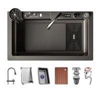 85x50cm Black & Gray Stainless Steel Kitchen Sink Single Bowl with Pull-Down Faucet 2 Drainers & Cutting Board Dispenser - Spacious Workspace for Modern Kitchens