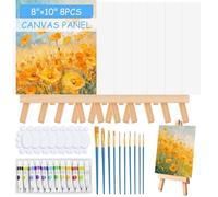 86 Pcs Canvas with Easel, 8x10 Inches Canvas Painting Set - Canvases with Wooden Easels, 50 Brushes, Paint Palette & Acrylic Paints for Kids, Artists, Sip and Paint Party, DIY Craft Project