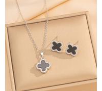 (867- Silver and black suit) The four-leaf clover necklace pendant is super sparkling and full of diamonds, a versatile and elegant women's accessory