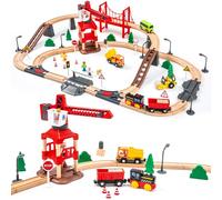86pcs Wooden Train Set with Crane, Wooden Train Track Set Railway Kits Fits Thomas Brio IKEA Melissa and Doug, Christmas Train Toys for Kids & Toddlers 3-5 Years Old Boys and Girls