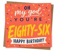 86th Birthday Card, Coral Confetti ‘Oh My God’ Quote | For an 86th birthday: bold coral confetti design with the cheeky line “Oh my god you’re eighty-six” and “Happy Birthday!”