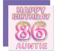 86th Birthday Card for Auntie - Pink & Purple Glitter Balloons - Happy Birthday Cards for 86 Year Old Aunt Aunty from Nephew Niece, 145mm Bday Greeting Cards Gift