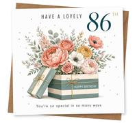 86th Birthday Card for Her, Flowers Bursting Gift Box | Bouquet bursting from a striped gift box with the front wording "Have a lovely 86th" and a cheerful "Happy Birthday".