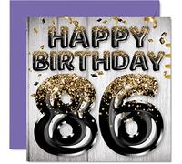 86th Birthday Card for Men, Black & Gold Glitter Balloons