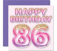 86th Birthday Card for Women - Pink & Purple Glitter Balloons - Happy Birthday Cards for 86 Year Old Woman Mum Great Nanny Grandma Gran, 145mm Bday Greeting Cards Gift