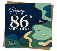 86th Birthday Card, Golf Green, Flag and Buggy | Features “Happy 86th Birthday” with a fairway and putting green, flag on the hole and a little golf buggy.
