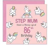 86th Step Mum Birthday Card - Funny Cat Cute Step Mom Birthday Card for 86 Year old Eighty Six, Eighty Sixth