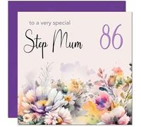 86th Step Mum Birthday Card - Purple Floral Step Mother Birthday Card for 86 Year old Eighty Six, Eighty Sixth