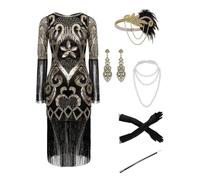 870A - Plus Size 1920s Vintage Fringed Gatsby Paisley Sequin Tassels Flapper Party Cocktail Dress with Accessories, Black Gold Paisley, 5X