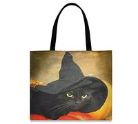 874 Grocery Bag 40X50Cm, Cat Black With Witch'S Hat Handbag Large Canvas Tote Bag Fashion Shopping Cloth Bag For Daily Use Women Girls