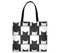 874 Shoulder Bag 40X50Cm, Cute Funny Cats Black White Check Pattern Grocery Bag Handbag Washable Shopping Tote Bag For Women Ladies College