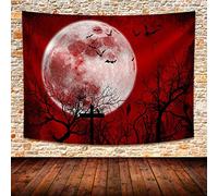 874 Wall Tapestry Halloween Scary Red Night Sky Moon Plant Trees Branch Cemetery Colorful Wall Hanging For Room Polyester Tapestry For Bedroom For Dorm Office Bedroom,130X150Cm