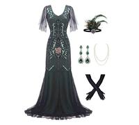 879A - Plus Size 1920s Vintage Fringed Gatsby Sequin Tassels Flapper Party Cocktail Maxi Long Dress with Accessories, Green Black, 5X