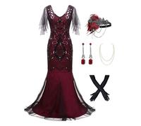 879A - Plus Size 1920s Vintage Fringed Gatsby Sequin Tassels Flapper Party Cocktail Maxi Long Dress with Accessories, Red Black, 5X