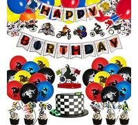 87Pcs Motocross Birthday Party Supplies Dirt Bike Decorations Banner Cupcake Toppers Latex Balloons Set for Dirt Bike Extreme Sports Racing Party Boy Birthday Favor for Kids Teens Fans of Motocross