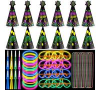 88 Pcs 2025 New Year Eve Party Supplies for 12 Guest Glow in the Dark Party Supplies Neon Hats Necklace Glow Glasses Necklace Fringed Noisemaker Glow Sticks for Happy New Year Eve Neon Party